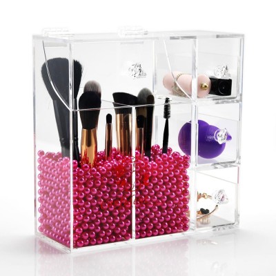 Clear Acrylic Makeup Organizer 3 Drawers for Cosmetics Brushes Storage with pink pearl